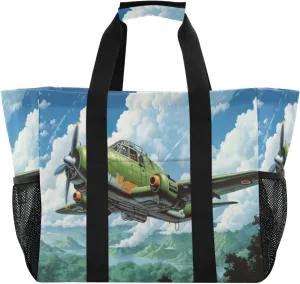 Nander Cartoon Aircraft Foldable Tote Bag Waterproof Sandproof Women Beach Bag Handbag Gym Bag Travel Shopping Bag