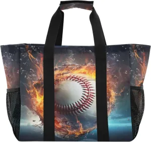 Nander Flame Baseball Foldable Tote Bag Waterproof Sandproof Women Beach Bag Handbag Gym Bag Travel Shopping Bag
