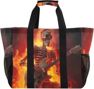 Nander Flame Skull Playing Guitar Foldable Tote Bag Waterproof Sandproof Women Beach Bag Handbag Gym Bag Travel Shopping Bag