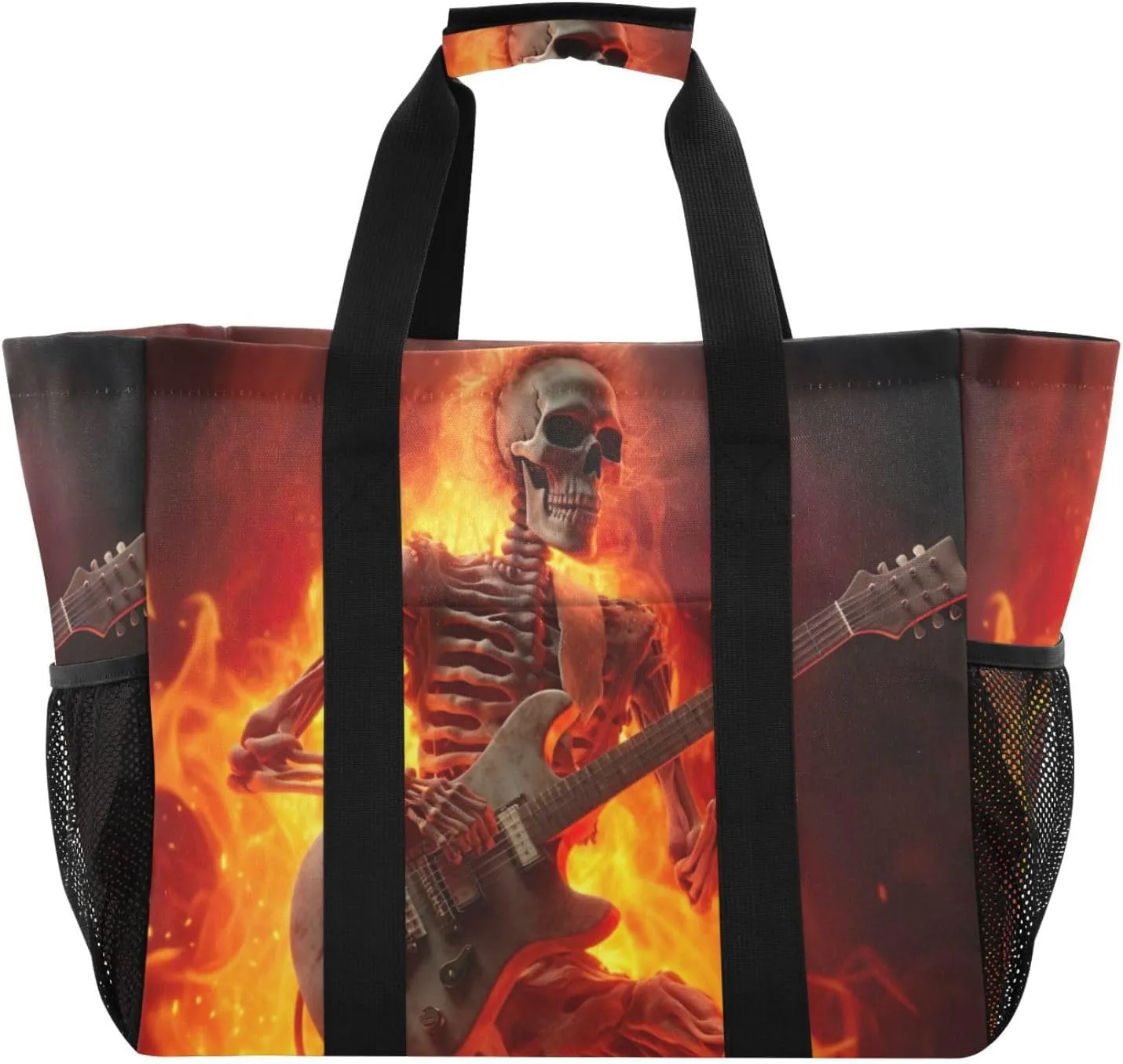 Nander Flame Skull Playing Guitar Foldable Tote Bag Waterproof Sandproof Women Beach Bag Handbag Gym Bag Travel Shopping Bag