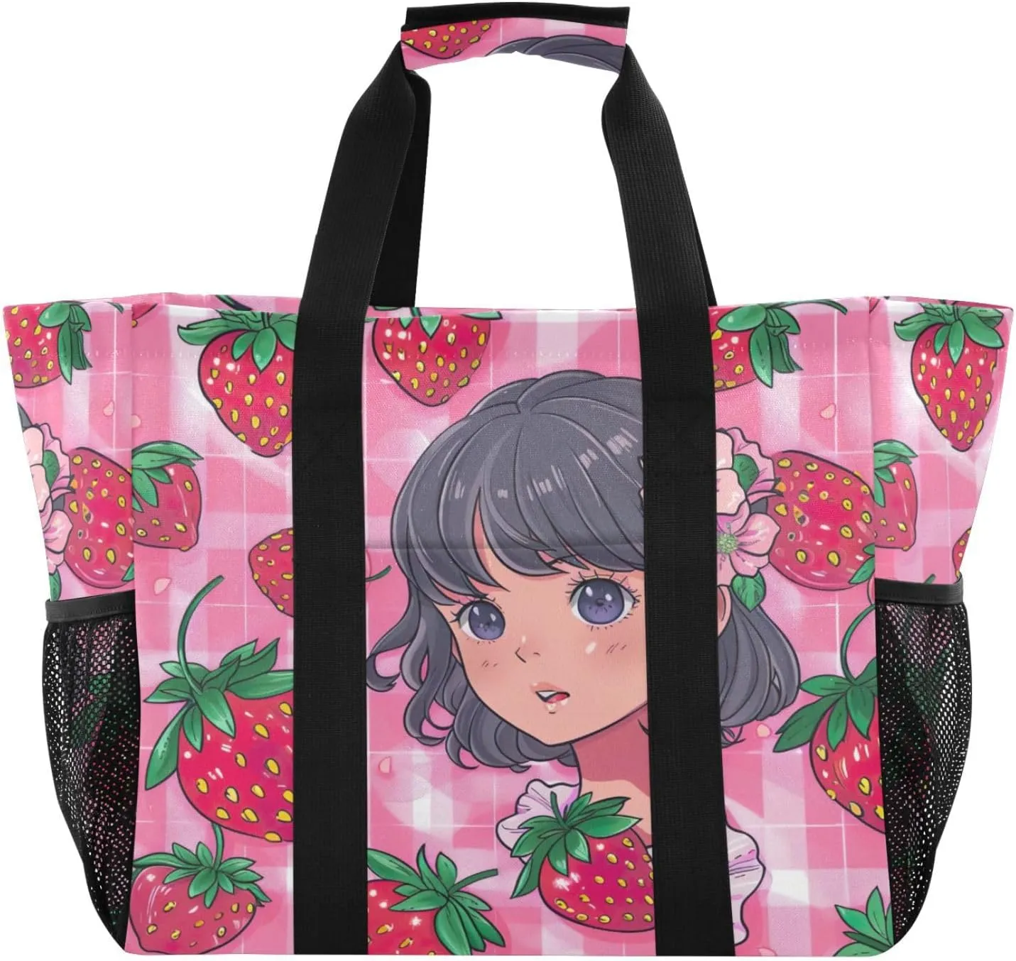 Nander Girls and Strawberries Foldable Tote Bag Waterproof Sandproof Women Beach Bag Handbag Gym Bag Travel Shopping Bag