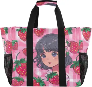 Nander Girls and Strawberries Foldable Tote Bag Waterproof Sandproof Women Beach Bag Handbag Gym Bag Travel Shopping Bag