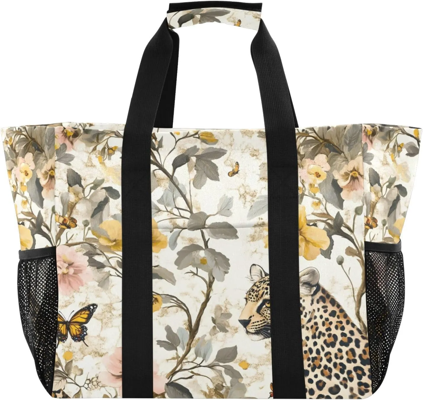 Nander Leopards and Yellow Flowers Foldable Tote Bag Waterproof Sandproof Women Beach Bag Handbag Gym Bag