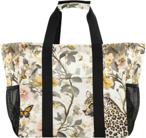 Nander Leopards and Yellow Flowers Foldable Tote Bag Waterproof Sandproof Women Beach Bag Handbag Gym Bag