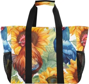 Nander Roosters and Sunflowers Foldable Tote Bag Waterproof Sandproof Women Beach Bag Handbag Gym Bag Travel Shopping Bag