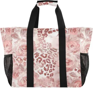 Nander Rose Gold Leopard Pattern Foldable Tote Bag Waterproof Sandproof Women Beach Bag Handbag Gym Bag