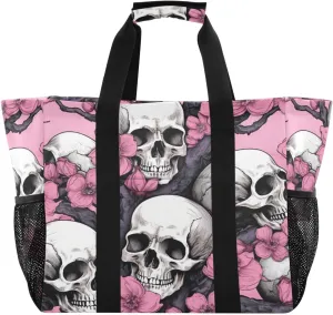 Nander Skull and Flowers Foldable Tote Bag Waterproof Sandproof Women Beach Bag Handbag Gym Bag
