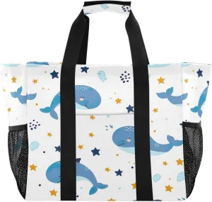 Nander Stars and Cute Dolphins Foldable Tote Bag Waterproof Sandproof Women Beach Bag Handbag Gym Bag Travel Shopping Bag
