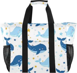 Nander Stars and Cute Dolphins Foldable Tote Bag Waterproof Sandproof Women Beach Bag Handbag Gym Bag Travel Shopping Bag