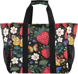Nander Wildflowers and Strawberries Foldable Tote Bag Waterproof Sandproof Women Beach Bag Handbag Gym Bag Travel Shopping Bag