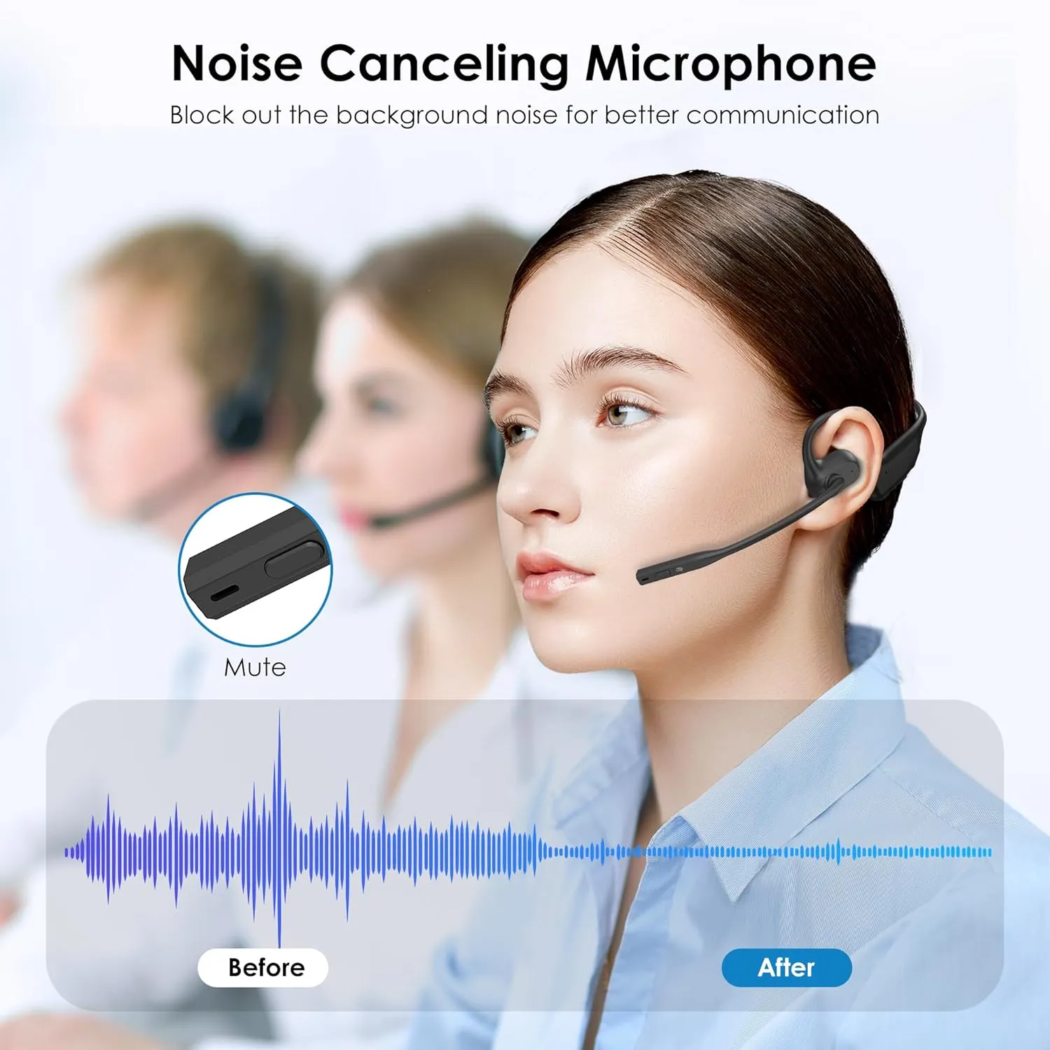 Open Ear Headphones with Mic, Bluetooth Headset with Microphone, Dual Connect Bluetooth 5.3 Headset with AI Noise Cancelling Mic & Mute Function, Wireless Headset for Work, Sports, Drive(with Dongle)