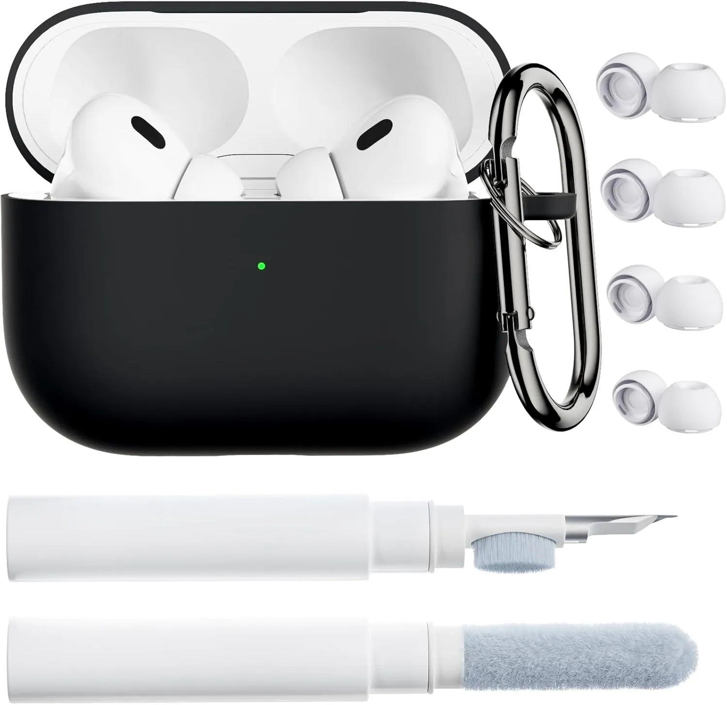 ORNARTO for AirPods Pro 2 Case, Compatible with AirPods Pro 1st/2nd Generation, Soft Silicone Cover with Cleaner Kit, Eartips Protector & Keychain-Black