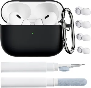 ORNARTO for AirPods Pro 2 Case, Compatible with AirPods Pro 1st/2nd Generation, Soft Silicone Cover with Cleaner Kit, Eartips Protector & Keychain-Black