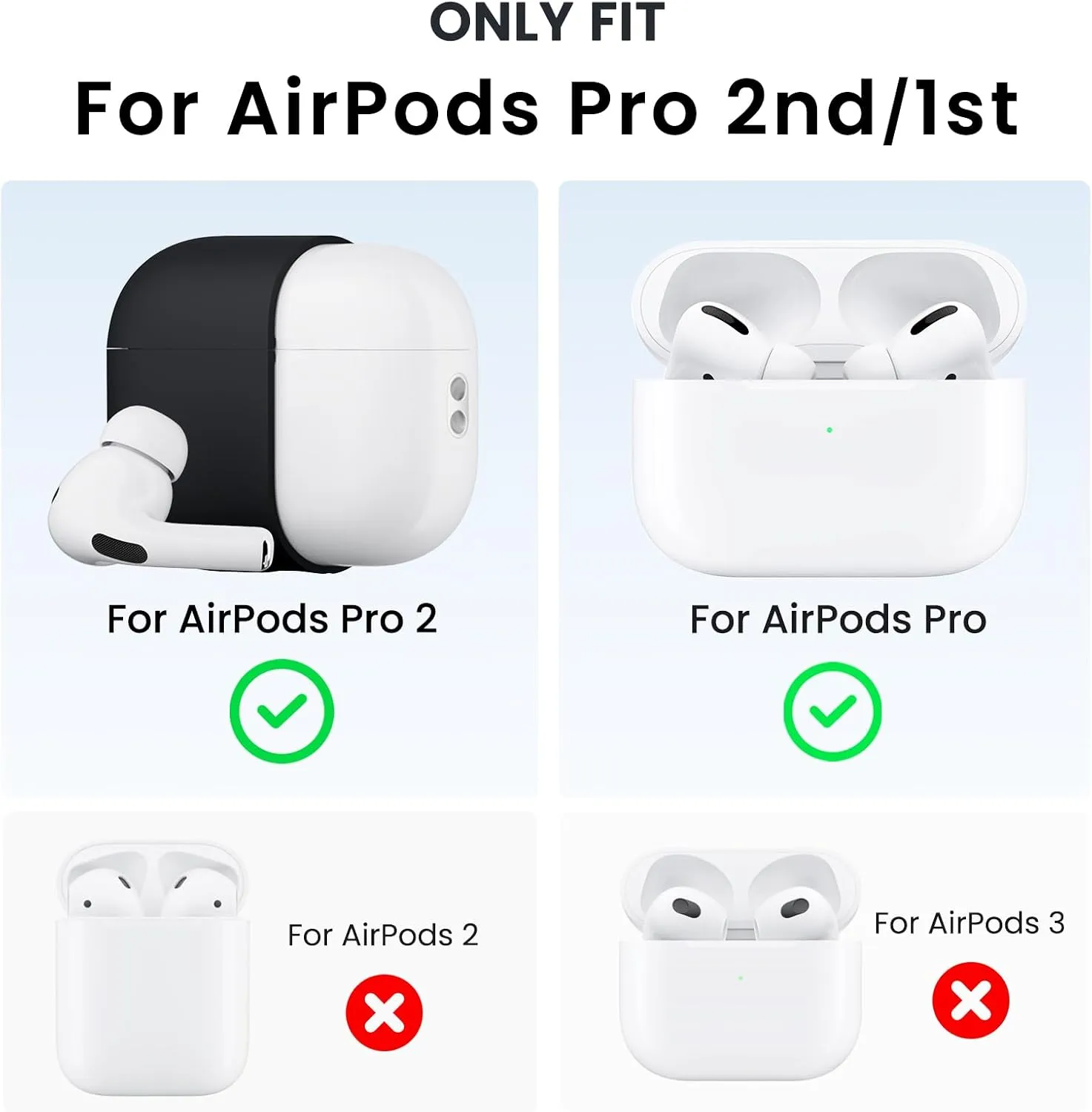 ORNARTO for AirPods Pro 2 Case, Compatible with AirPods Pro 1st/2nd Generation, Soft Silicone Cover with Cleaner Kit, Eartips Protector & Keychain-Black