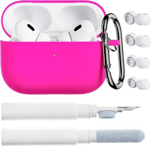 ORNARTO for AirPods Pro 2 Case, Compatible with AirPods Pro 1st/2nd Generation, Soft Silicone Cover with Cleaner Kit, Eartips Protector & Keychain-Hot Pink