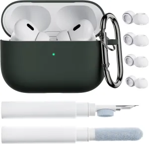 ORNARTO for AirPods Pro 2 Case, Compatible with AirPods Pro 1st/2nd Generation, Soft Silicone Cover with Cleaner Kit, Eartips Protector & Keychain-Mystic Green