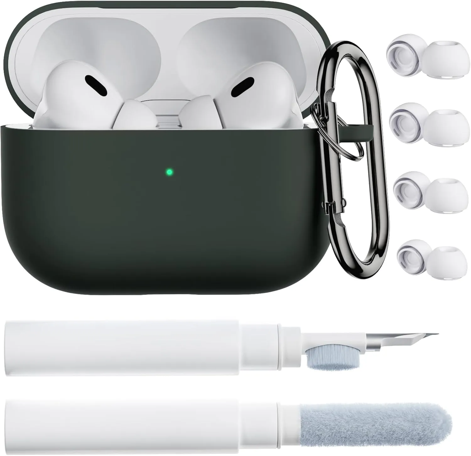 ORNARTO for AirPods Pro 2 Case, Compatible with AirPods Pro 1st/2nd Generation, Soft Silicone Cover with Cleaner Kit, Eartips Protector & Keychain-Mystic Green