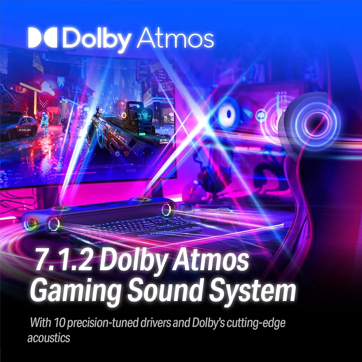 OXS Thunder Pro  Gaming Soundbar with Wireless Satellite Neck Speaker, 7.1.2 Dolby Atmos Surround Sound System, Built-in Woofer, App Customization, RGB Effects, 3 Pro Gamer Modes, Sleek Toggle Design