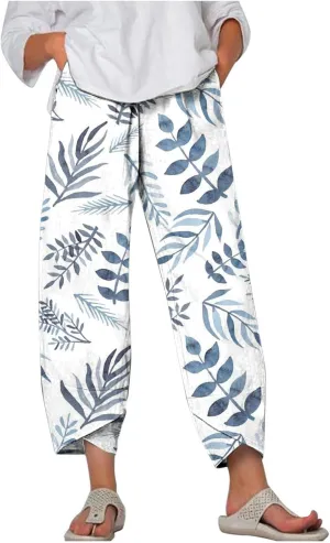 Palazzo Pants for Women Boho Summer Cotton Linen Harem Trousers Casual Wide Leg Elastic Waist Beach Lounge Pants
