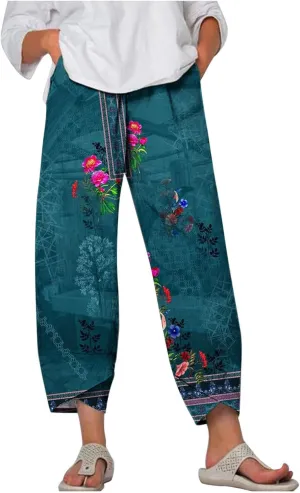 Palazzo Pants for Women Boho Summer Cotton Linen Harem Trousers Casual Wide Leg Elastic Waist Beach Lounge Pants
