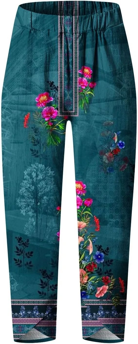 Palazzo Pants for Women Boho Summer Cotton Linen Harem Trousers Casual Wide Leg Elastic Waist Beach Lounge Pants