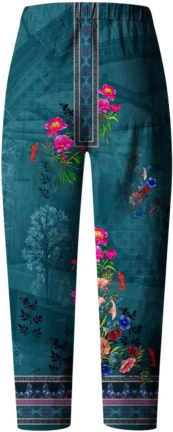 Palazzo Pants for Women Boho Summer Cotton Linen Harem Trousers Casual Wide Leg Elastic Waist Beach Lounge Pants
