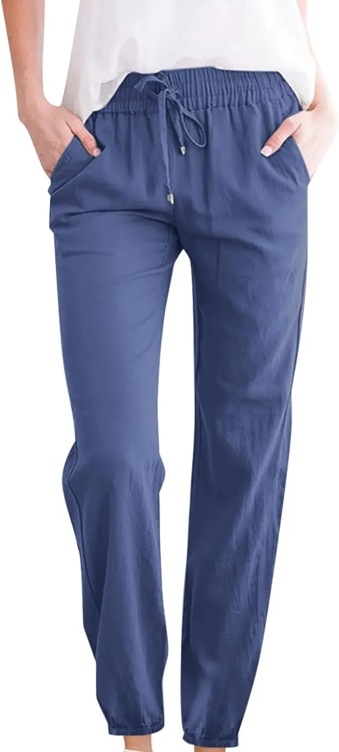 Palazzo Pants for Women Summer Loose Fit Cotton Linen Pants Casual Beach Vacation Wide Leg Trousers with Pockets
