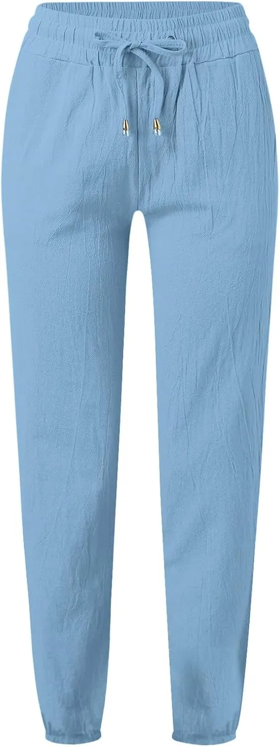Palazzo Pants for Women Summer Loose Fit Cotton Linen Pants Casual Beach Vacation Wide Leg Trousers with Pockets