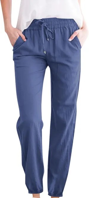 Palazzo Pants for Women Summer Loose Fit Cotton Linen Pants Casual Beach Vacation Wide Leg Trousers with Pockets