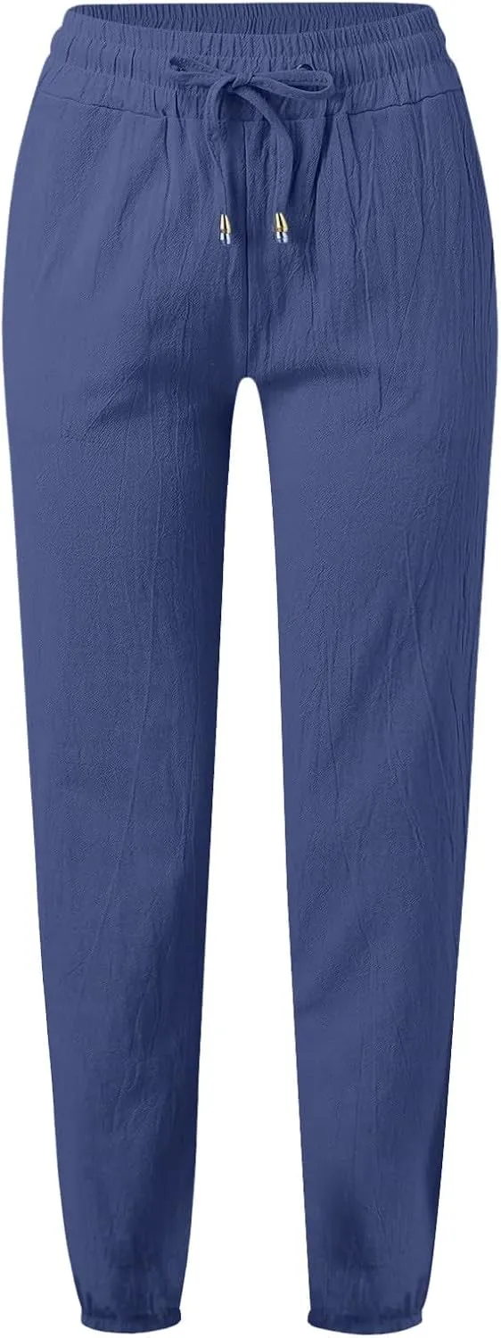 Palazzo Pants for Women Summer Loose Fit Cotton Linen Pants Casual Beach Vacation Wide Leg Trousers with Pockets