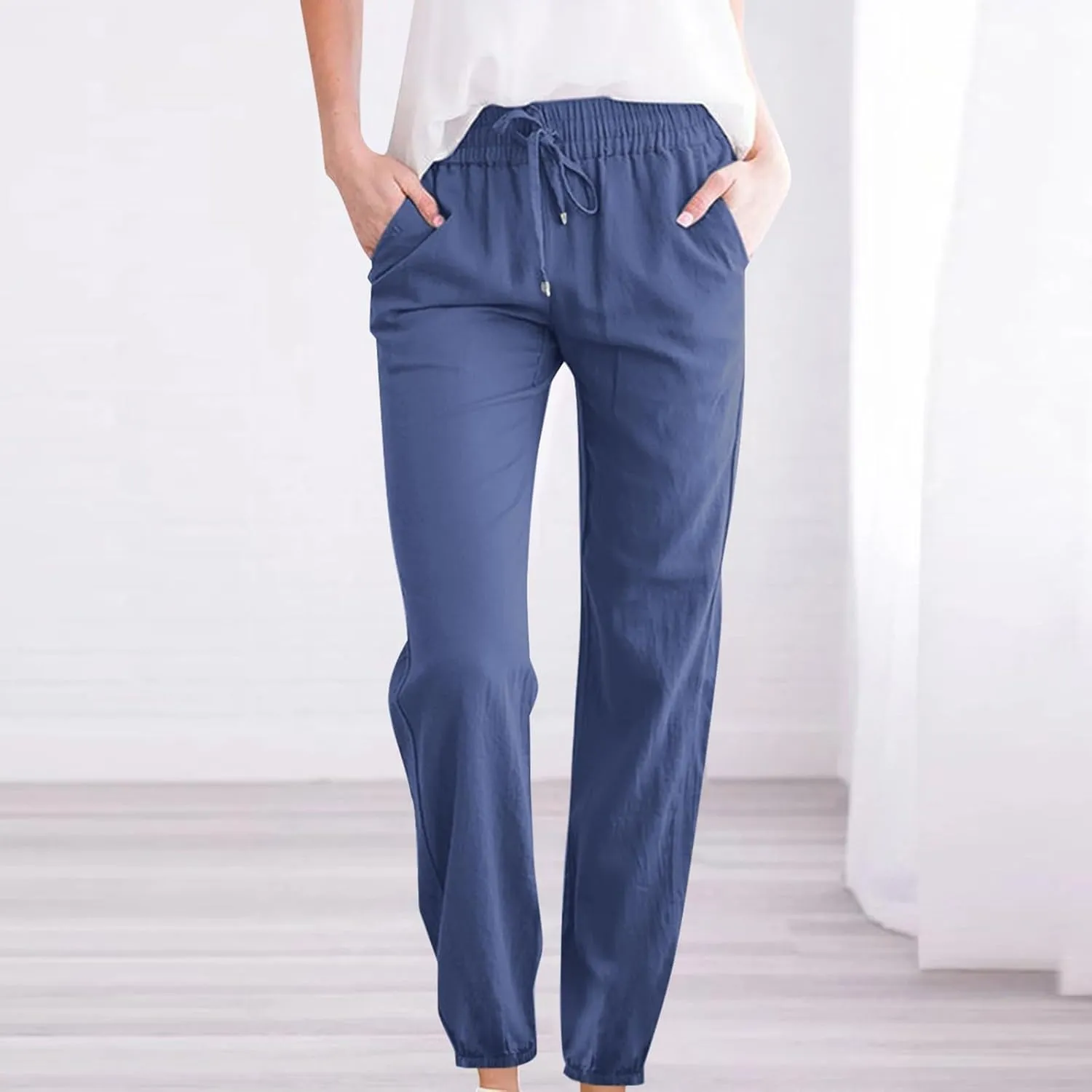 Palazzo Pants for Women Summer Loose Fit Cotton Linen Pants Casual Beach Vacation Wide Leg Trousers with Pockets