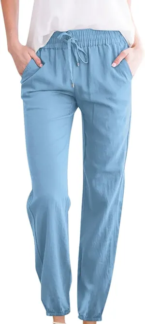 Palazzo Pants for Women Summer Loose Fit Cotton Linen Pants Casual Beach Vacation Wide Leg Trousers with Pockets