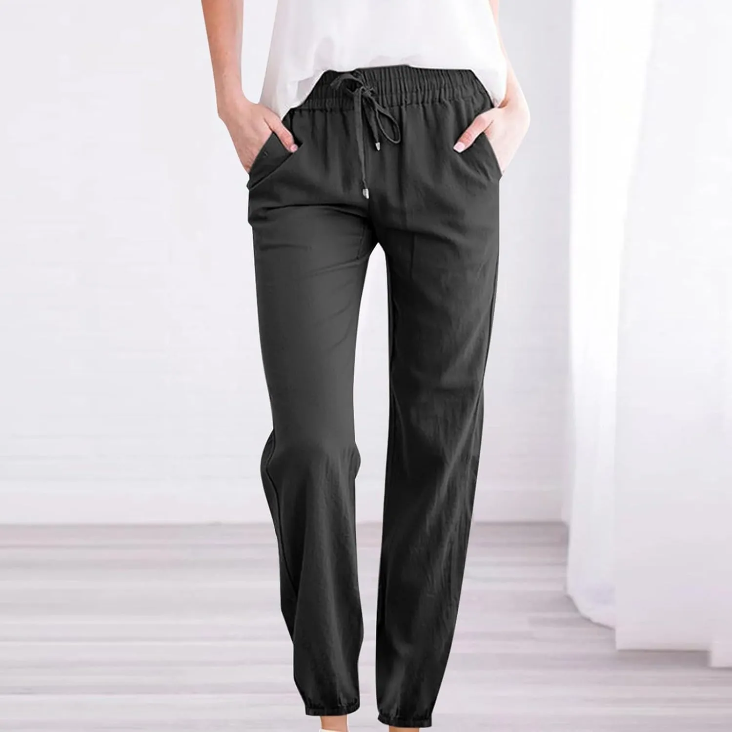 Palazzo Pants for Women Summer Loose Fit Cotton Linen Pants Casual Beach Vacation Wide Leg Trousers with Pockets