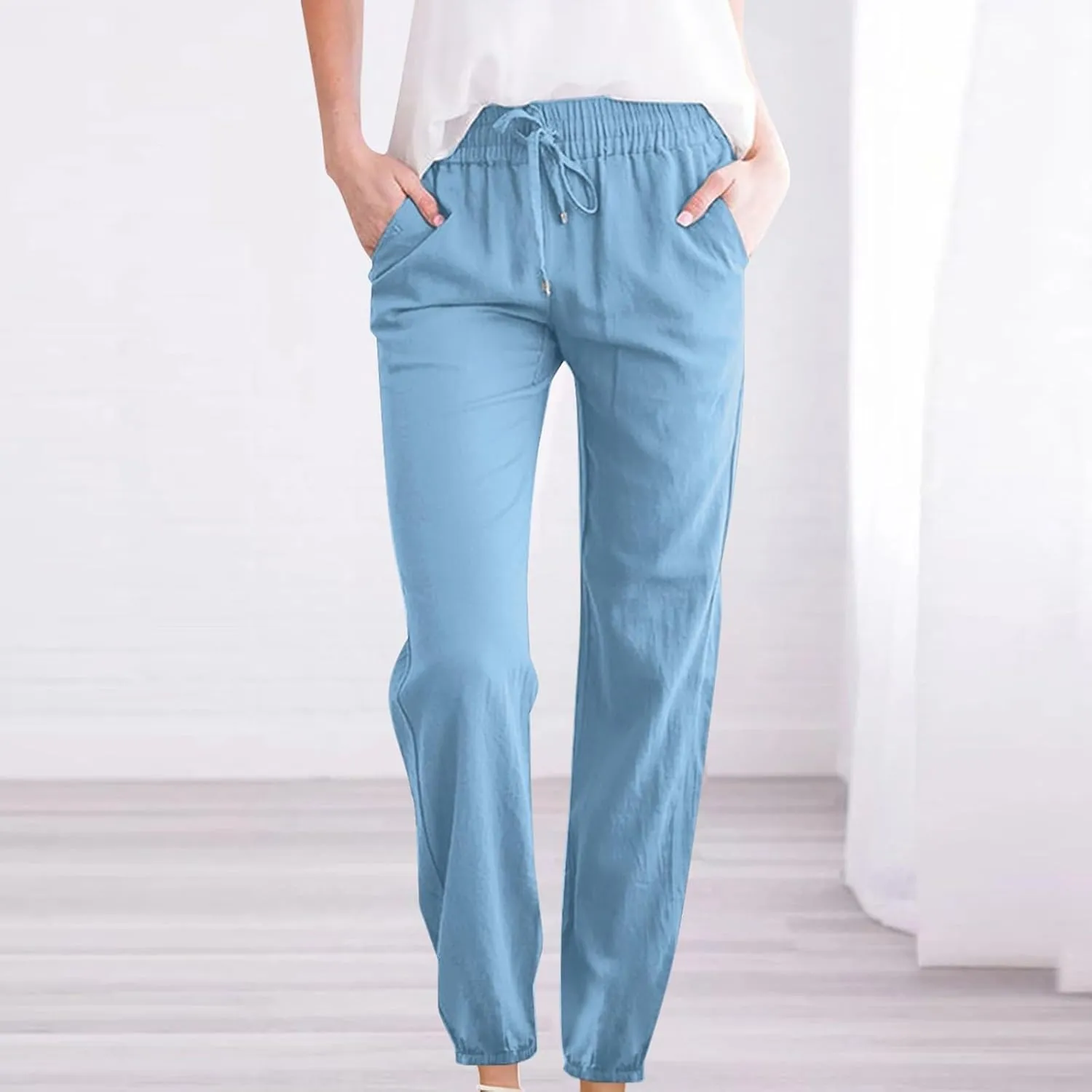 Palazzo Pants for Women Summer Loose Fit Cotton Linen Pants Casual Beach Vacation Wide Leg Trousers with Pockets