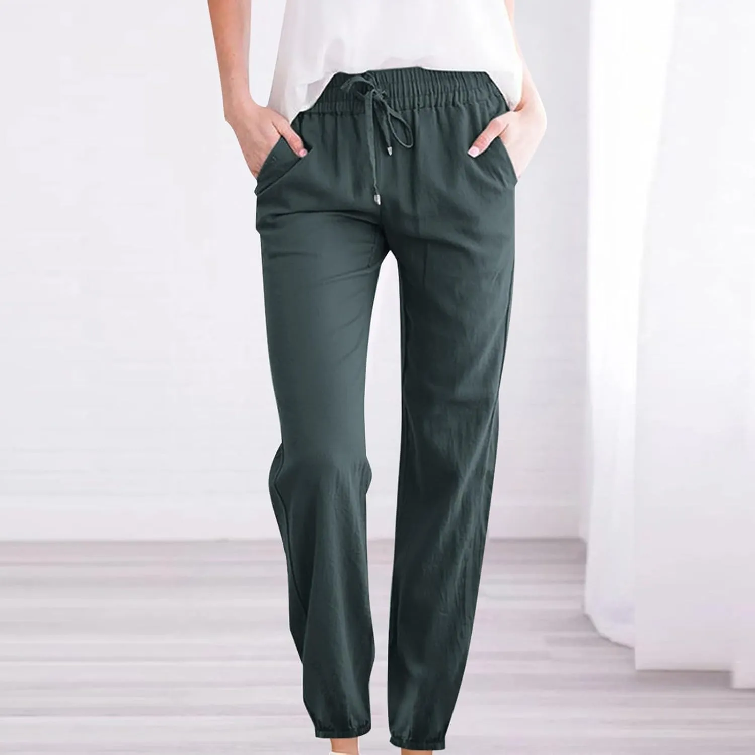 Palazzo Pants for Women Summer Loose Fit Cotton Linen Pants Casual Beach Vacation Wide Leg Trousers with Pockets