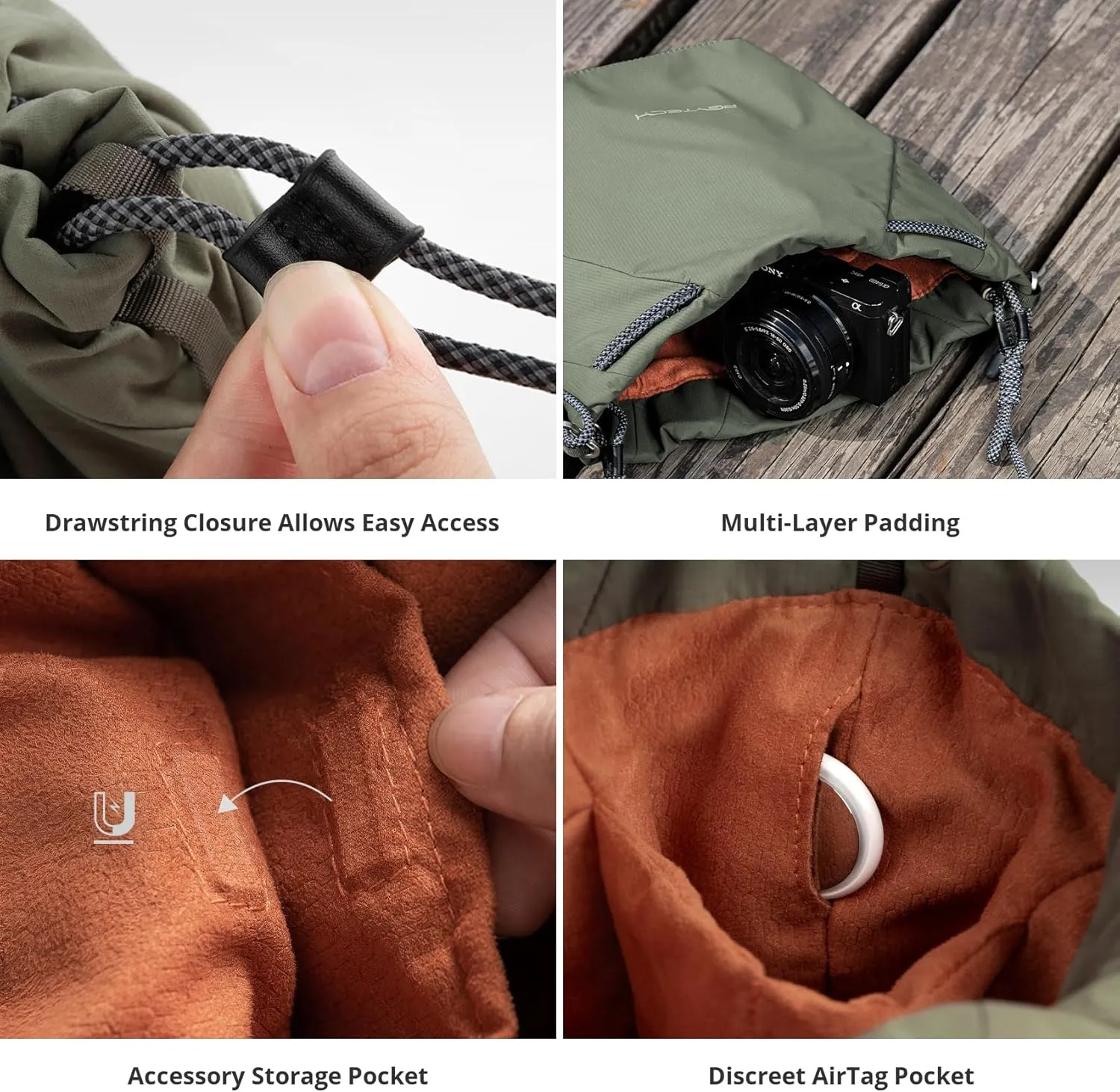 PGYTECH OneGo Drawstring Small Camera Bag, Leather Soft Camera Pouch compatible with Mirrorless Cameras/Nikon/Canon/Sony/Fuji Camera Case