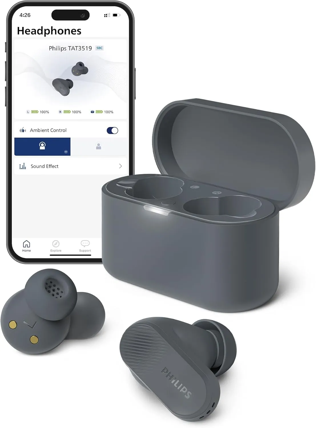PHILIPS TAT3519 Wireless Earbuds,True Wireless Headphones with Noise Canceling Pro,Dynamic Bass,Clear Call,24 H Battery Life,Fast Charging,Bluetooth 5.3,IPX4,App/Touch Control,Black