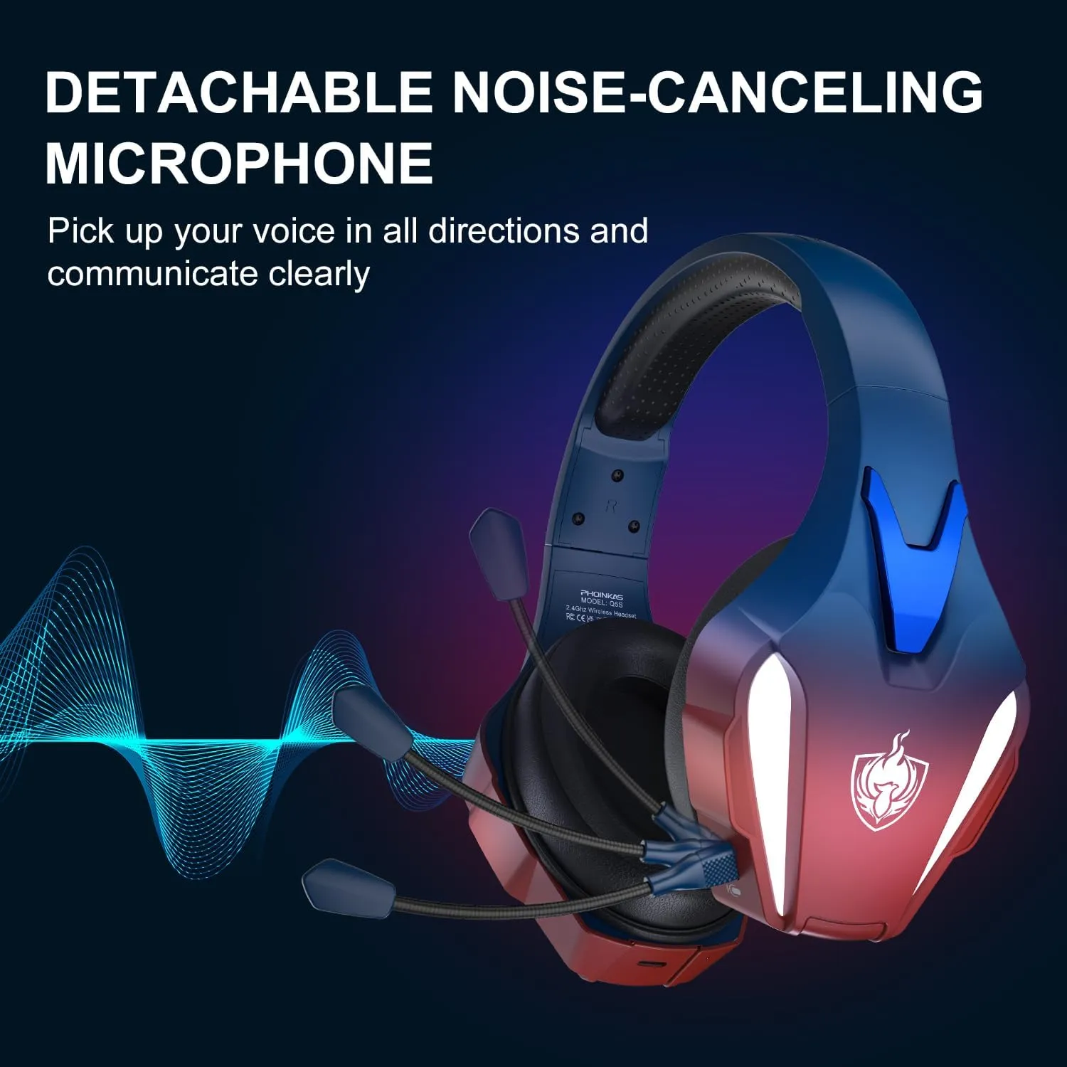 PHOINIKAS Wireless Gaming Headset for PS4 PS5 PC Switch, Wireless Gaming Over Ear Headphones with Detachable Noise Canceling Mic, 7.1 Stereo Sound, Only 3.5mm Wired Mode for XboxSeires -Dazzle Blue