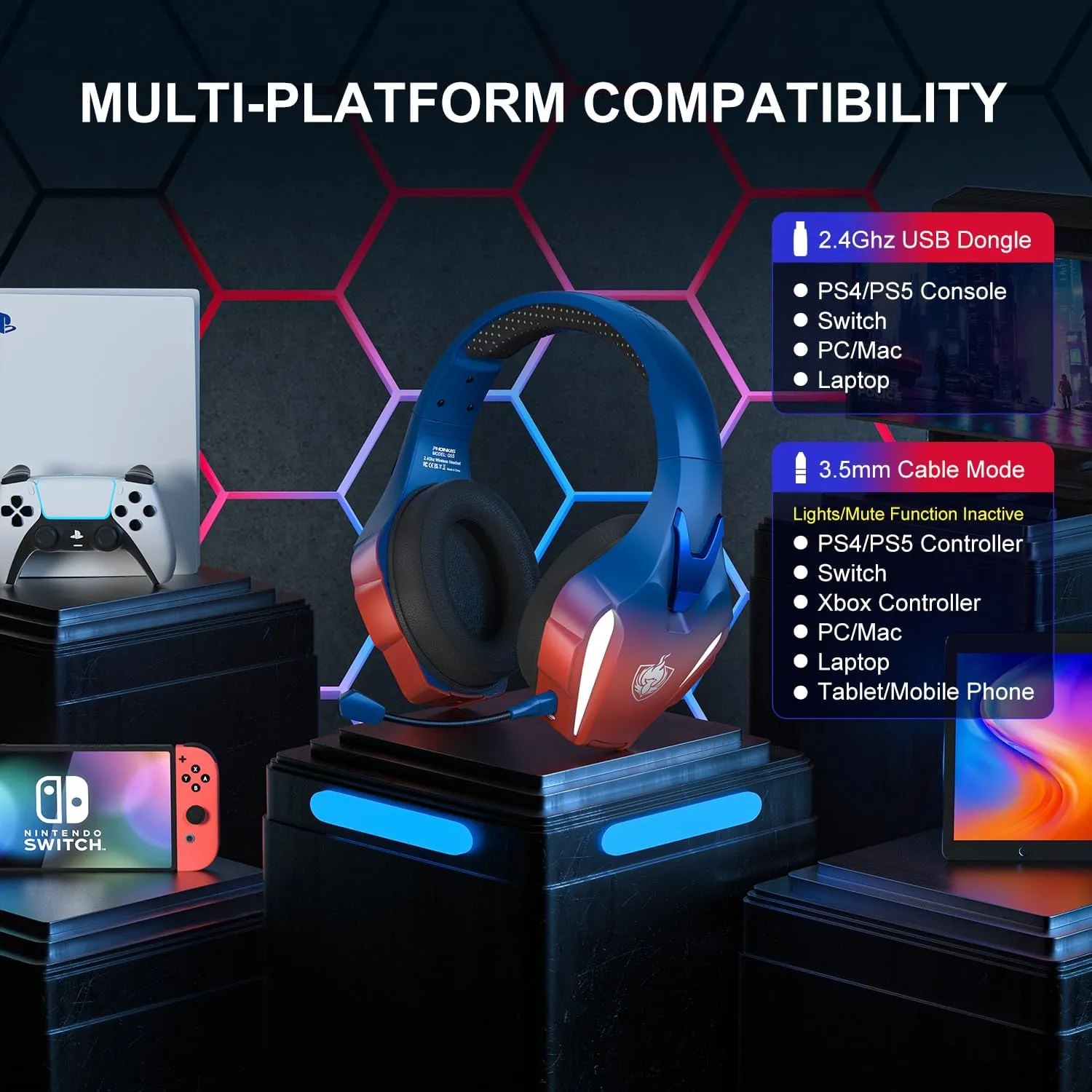 PHOINIKAS Wireless Gaming Headset for PS4 PS5 PC Switch, Wireless Gaming Over Ear Headphones with Detachable Noise Canceling Mic, 7.1 Stereo Sound, Only 3.5mm Wired Mode for XboxSeires -Dazzle Blue