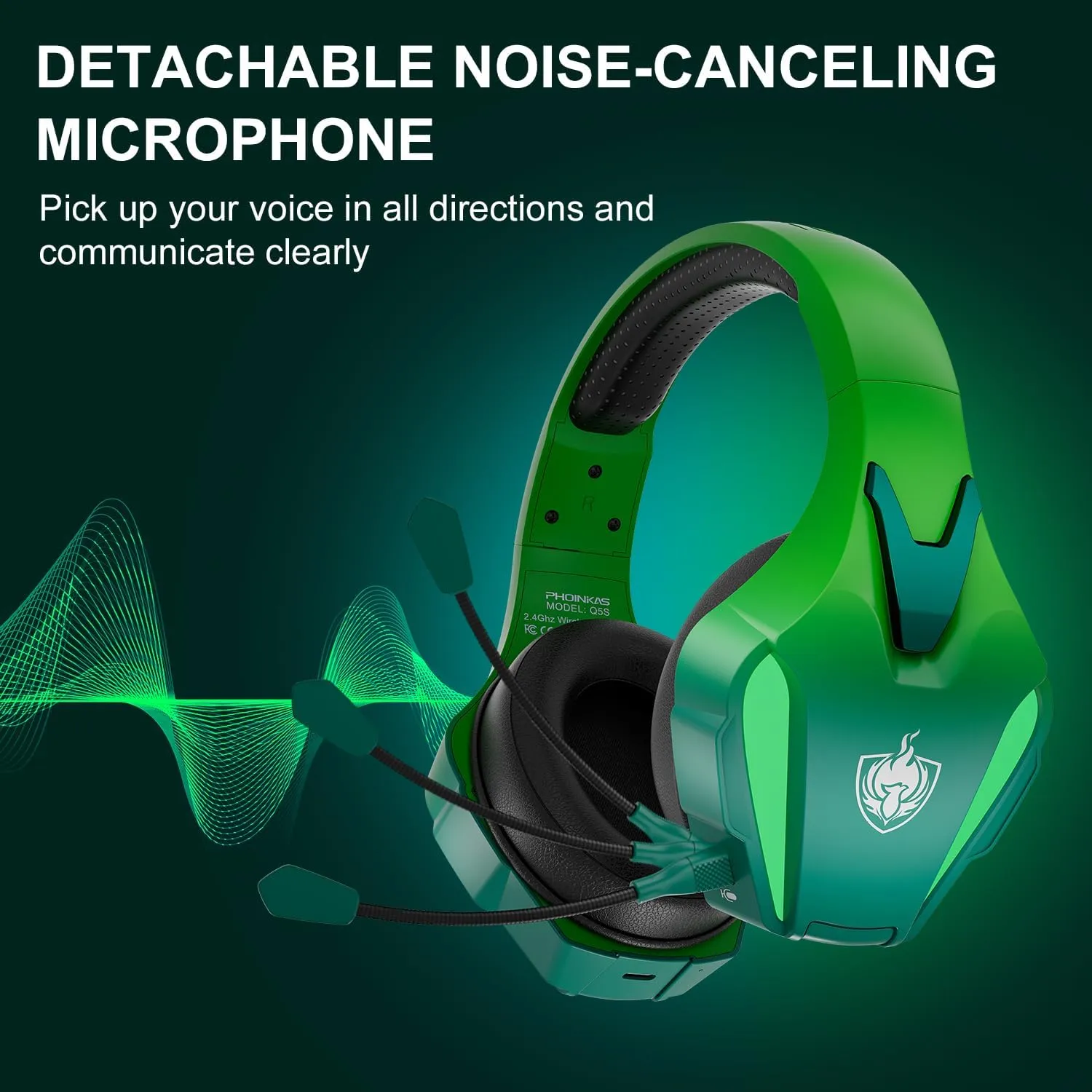 PHOINIKAS Wireless Gaming Headset for PS4 PS5 PC Switch, Wireless Gaming Over Ear Headphones with Detachable Noise Canceling Mic, 7.1 Stereo Sound, Only 3.5mm Wired Mode for XboxSeires -Dazzle Green