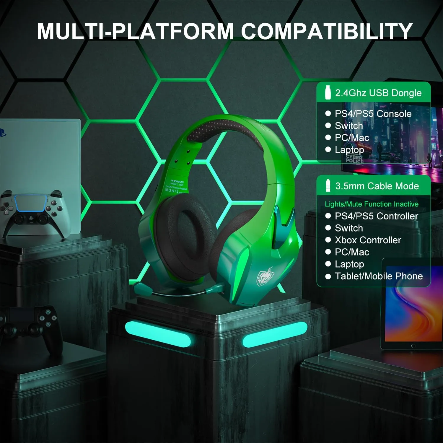 PHOINIKAS Wireless Gaming Headset for PS4 PS5 PC Switch, Wireless Gaming Over Ear Headphones with Detachable Noise Canceling Mic, 7.1 Stereo Sound, Only 3.5mm Wired Mode for XboxSeires -Dazzle Green