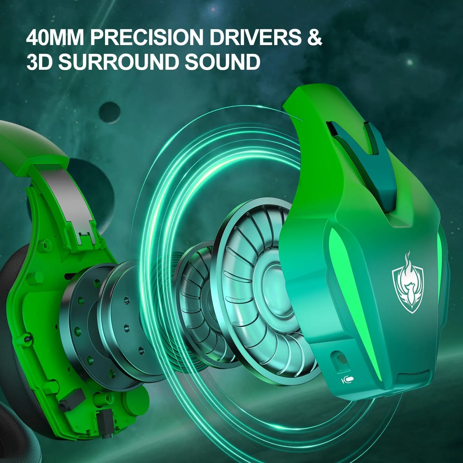 PHOINIKAS Wireless Gaming Headset for PS4 PS5 PC Switch, Wireless Gaming Over Ear Headphones with Detachable Noise Canceling Mic, 7.1 Stereo Sound, Only 3.5mm Wired Mode for XboxSeires -Dazzle Green