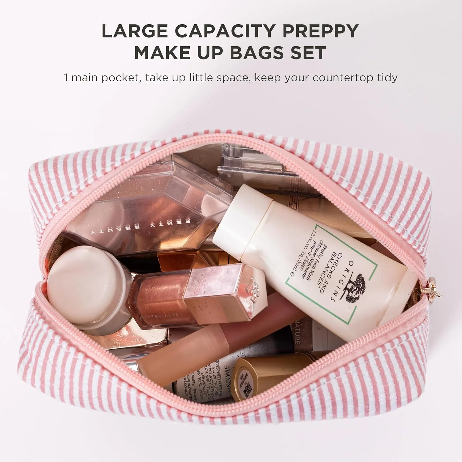 Pink Personalized Initial Makeup Bag Set, Cute Preppy Travel Toiletry Cosmetic Bags, Small Make Up Pouch, Birthday Gifts for Women, Girls, Friends, (S)