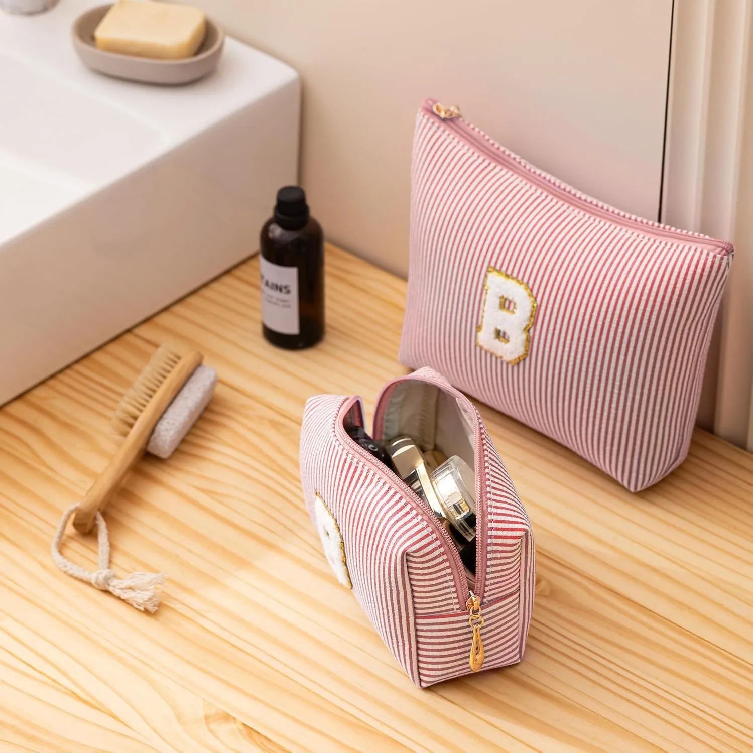 Pink Personalized Initial Makeup Bag Set, Cute Preppy Travel Toiletry Cosmetic Bags, Small Make Up Pouch, Birthday Gifts for Women, Girls, Friends, (S)
