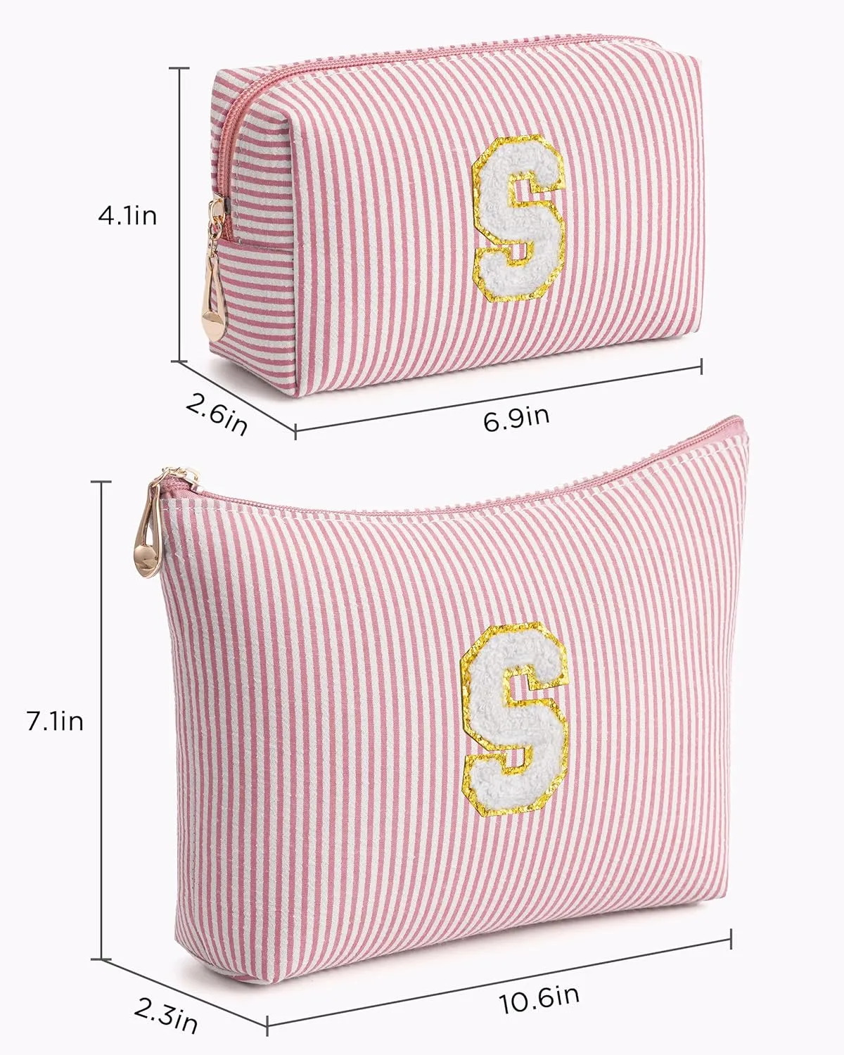 Pink Personalized Initial Makeup Bag Set, Cute Preppy Travel Toiletry Cosmetic Bags, Small Make Up Pouch, Birthday Gifts for Women, Girls, Friends, (S)