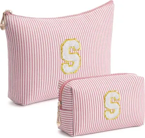 Pink Personalized Initial Makeup Bag Set, Cute Preppy Travel Toiletry Cosmetic Bags, Small Make Up Pouch, Birthday Gifts for Women, Girls, Friends, (S)