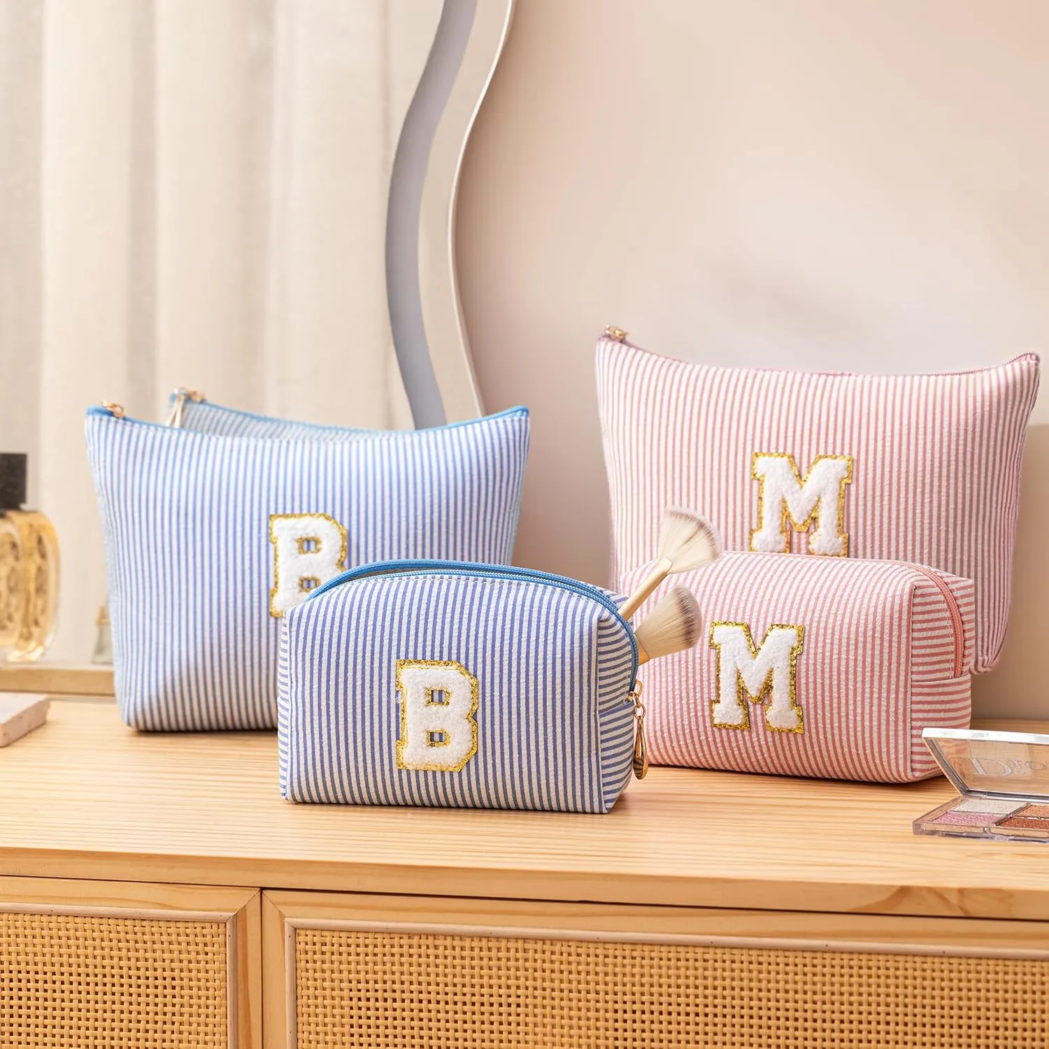 Pink Personalized Initial Makeup Bag Set, Cute Preppy Travel Toiletry Cosmetic Bags, Small Make Up Pouch, Birthday Gifts for Women, Girls, Friends, (S)