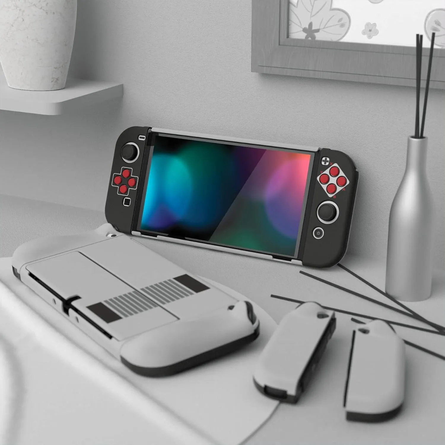 PlayVital AlterGrips Protective Slim Case for Nintendo Switch OLED, Ergonomic Grip Cover for Joycon, Dockable Hard Shell for Switch OLED w/Thumb Grip Caps & Button Caps