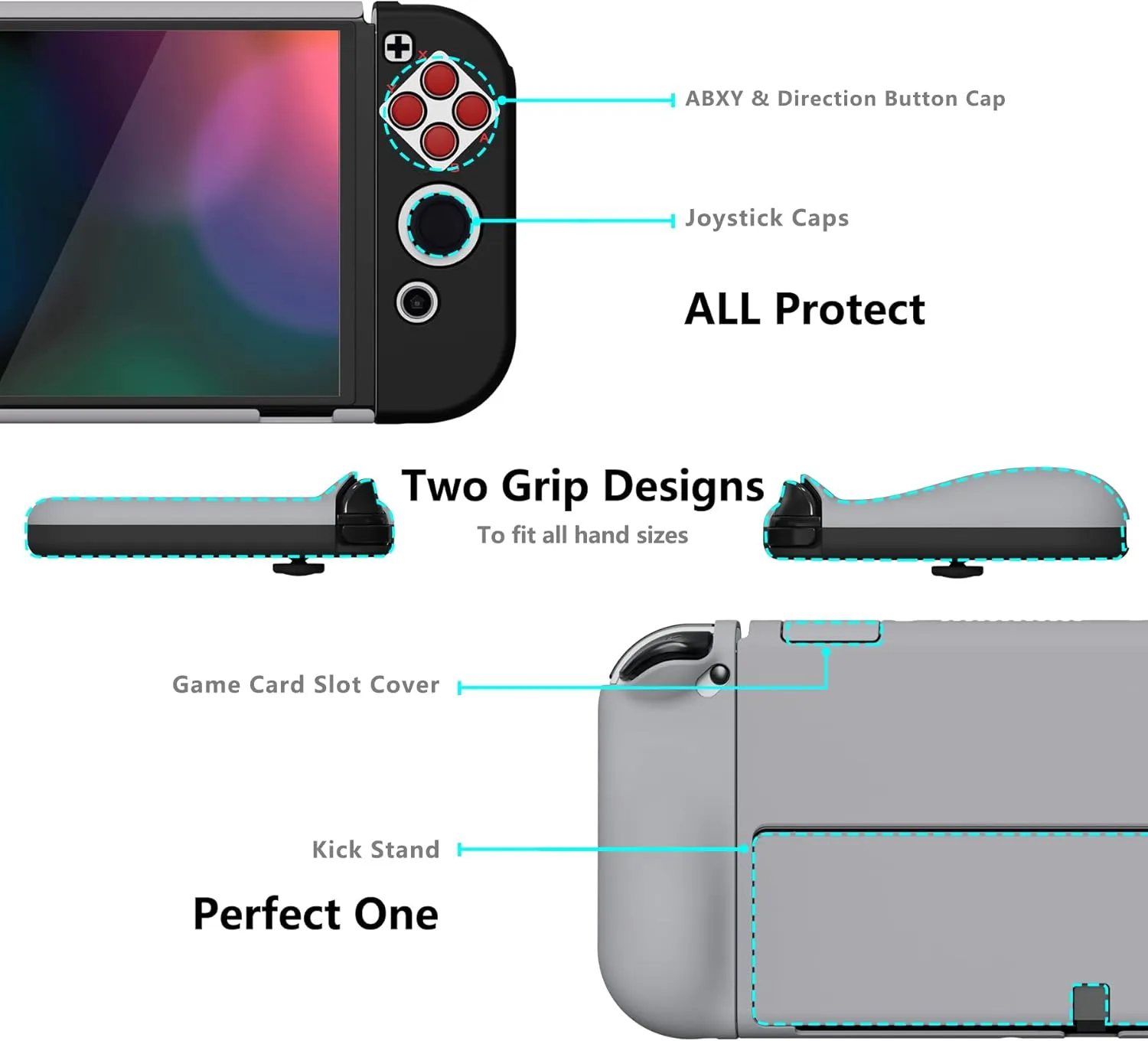 PlayVital AlterGrips Protective Slim Case for Nintendo Switch OLED, Ergonomic Grip Cover for Joycon, Dockable Hard Shell for Switch OLED w/Thumb Grip Caps & Button Caps