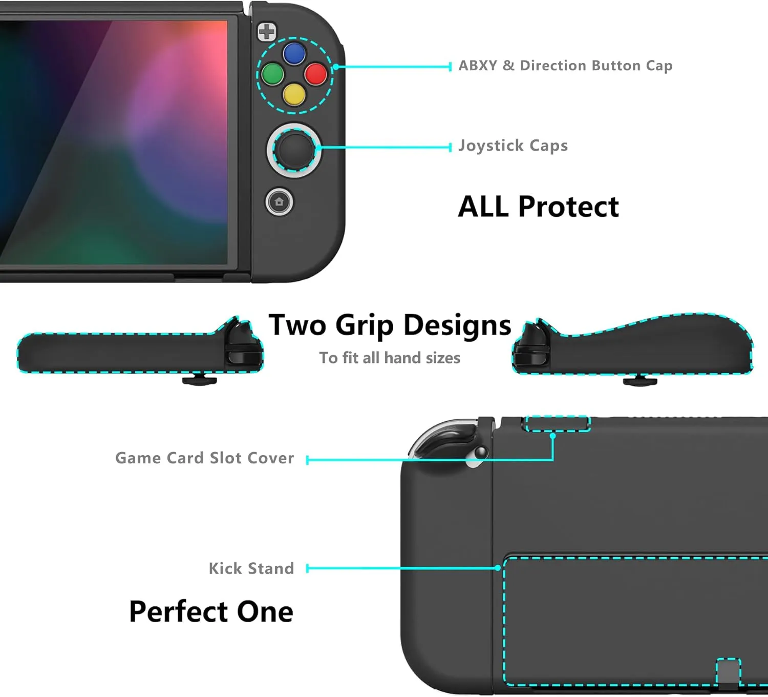 PlayVital AlterGrips Protective Slim Case for Nintendo Switch OLED, Ergonomic Grip Cover for Joycon, Dockable Hard Shell for Switch OLED w/Thumb Grip Caps & Button Caps